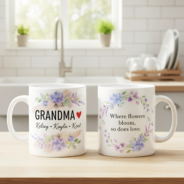 Personalized Grandma Floral Mug, Custom Kids Names Mother’s Day Gift, Flower Quote Coffee Cup for Mom, Birthday Gift for Mom or Grandma|Mug 48