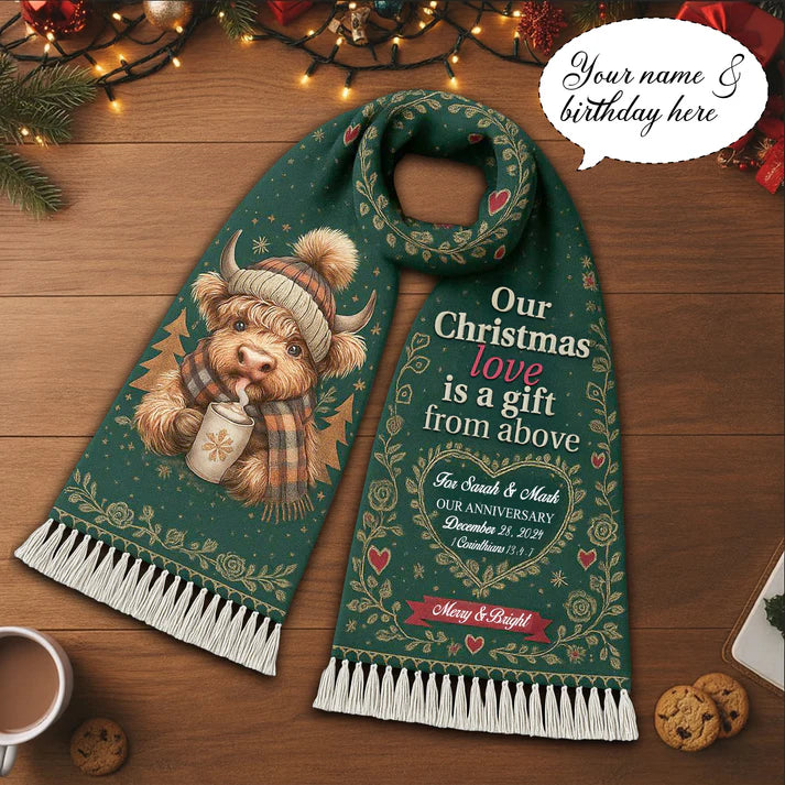 Personalized Christmas Scarf for Couple – Cute Highland Cow Christmas Gift, Cozy Winter Holiday Love Anniversary Present|SCR01