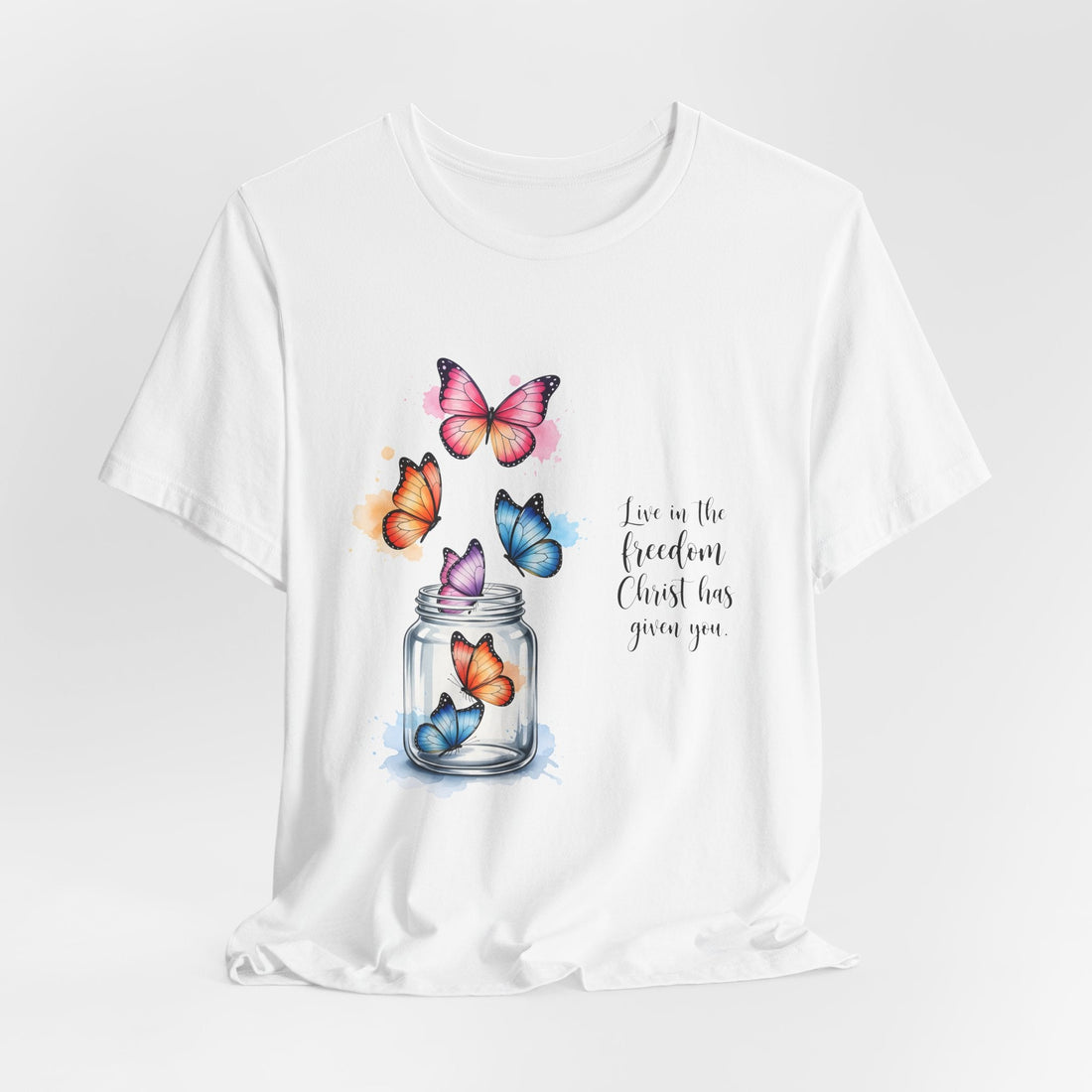 Christian Butterfly T-Shirt – Live in the Freedom Christ Has Given You – Faith-Based Tee for Women – Inspirational Scripture Shirt
