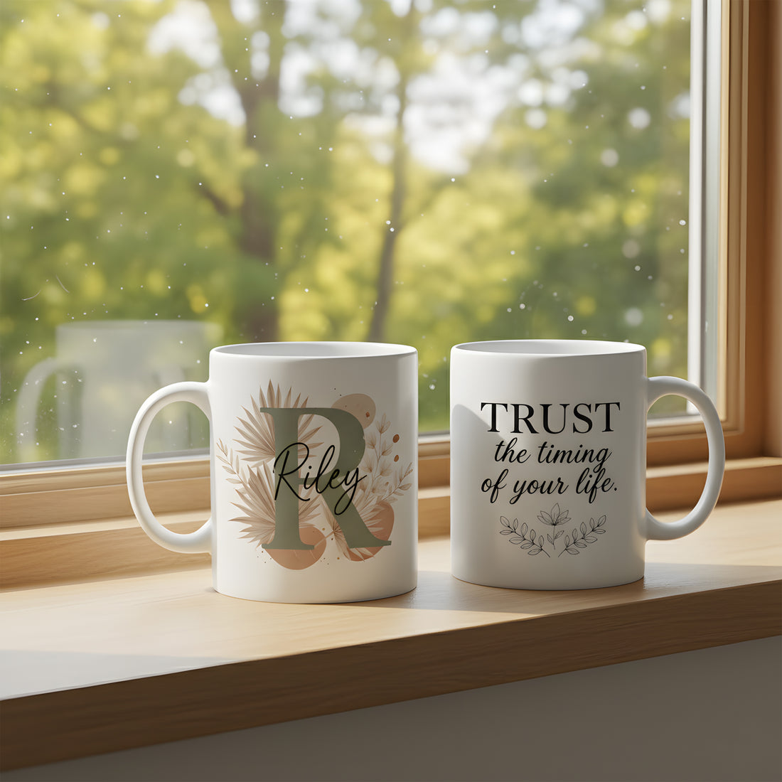 Personalized Initial Mug, Custom Name Coffee Cup, Trust the Timing Quote Mug, Gift for Her, Unique Mug for Women, Custom Floral Cup| Mug 55
