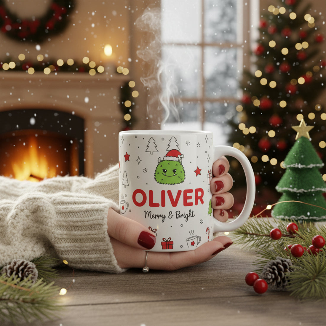 Personalized Merry & Bright Christmas Mug with Cute Monster – Custom Name Kids Xmas Gift, Holiday Coffee Cup for Boys & Girls| Mug 06