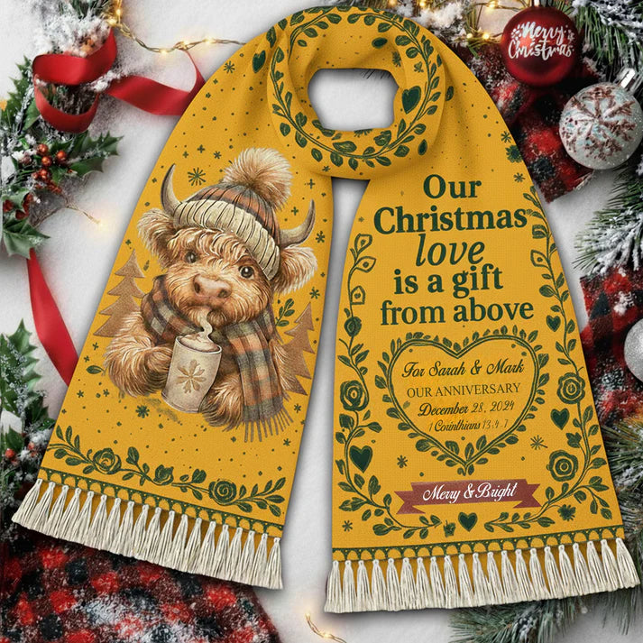 Personalized Christmas Scarf for Couple – Cute Highland Cow Christmas Gift, Cozy Winter Holiday Love Anniversary Present|SCR01