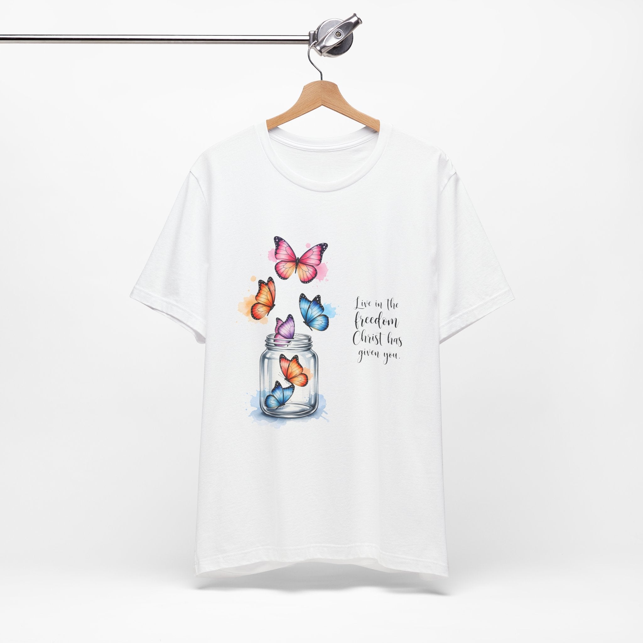 Christian Butterfly T-Shirt – Live in the Freedom Christ Has Given You – Faith-Based Tee for Women – Inspirational Scripture Shirt