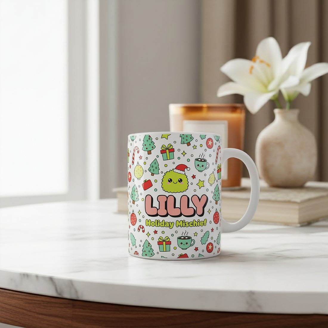 Personalized Holiday Mug with Custom Name, Cute Christmas Monster Coffee Cup, Festive Hot Cocoa Gift Idea for Kids, Friends and Family| Mug 01