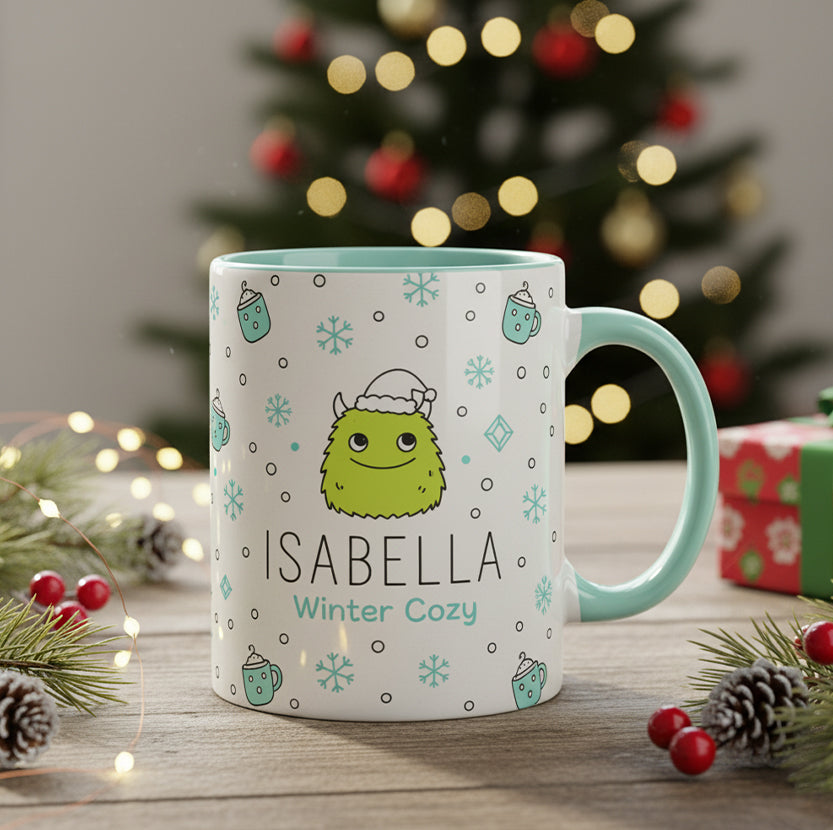 Custom Name Winter Cozy Mug Gift, Cute Christmas Monster Coffee Cup, Personalized Holiday Mug for Kids & Family, Festive Hot Cocoa Cup| Mug 26