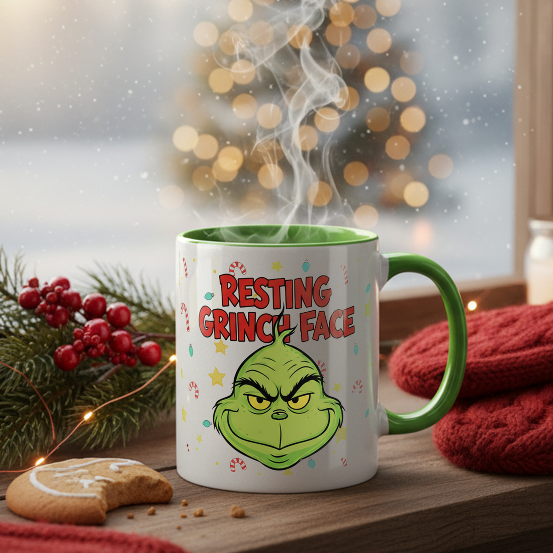 Funny Resting Grinch Face Christmas Mug, Holiday Grumpy Coffee Cup for Grinch Lovers, Festive Hot Cocoa Cup Gift for Cozy Winter Mornings| Mug 31