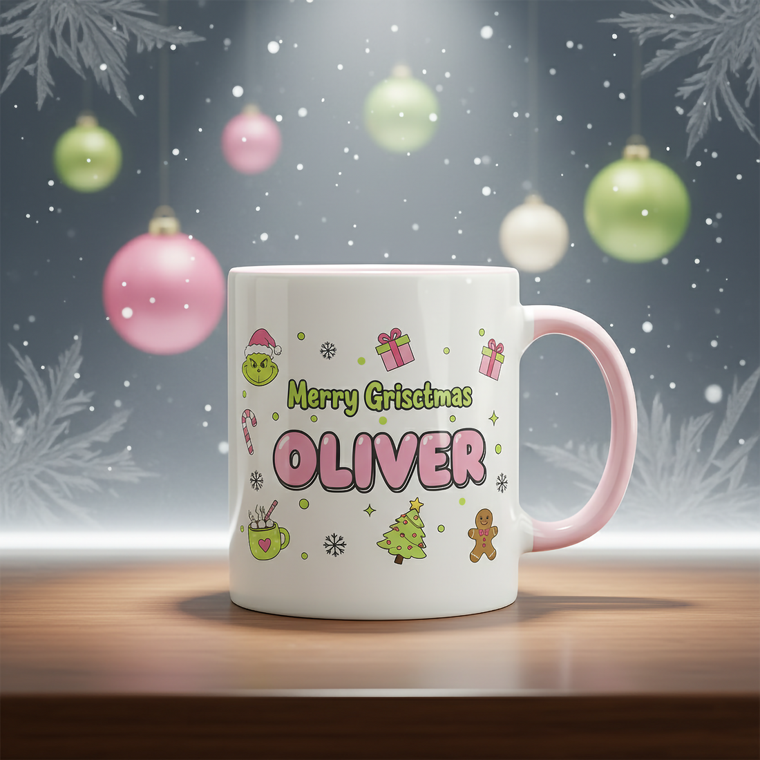 Personalized Merry Grinchmas Mug for Kids – Custom Name Christmas Cup, Cute Holiday Gift, Grinch Coffee Mug, Pink Handle Festive Mug| Mug 04