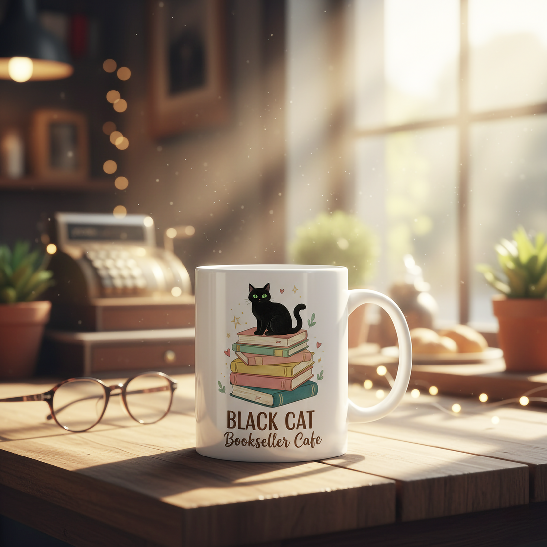 Book Lover Mug, Black Cat Coffee Mug, Cat Lover Gift, Vintage Book Aesthetic Mug, Black Cat Bookseller Cafe Cup, Cute Cat Reading Mug| Mug 86