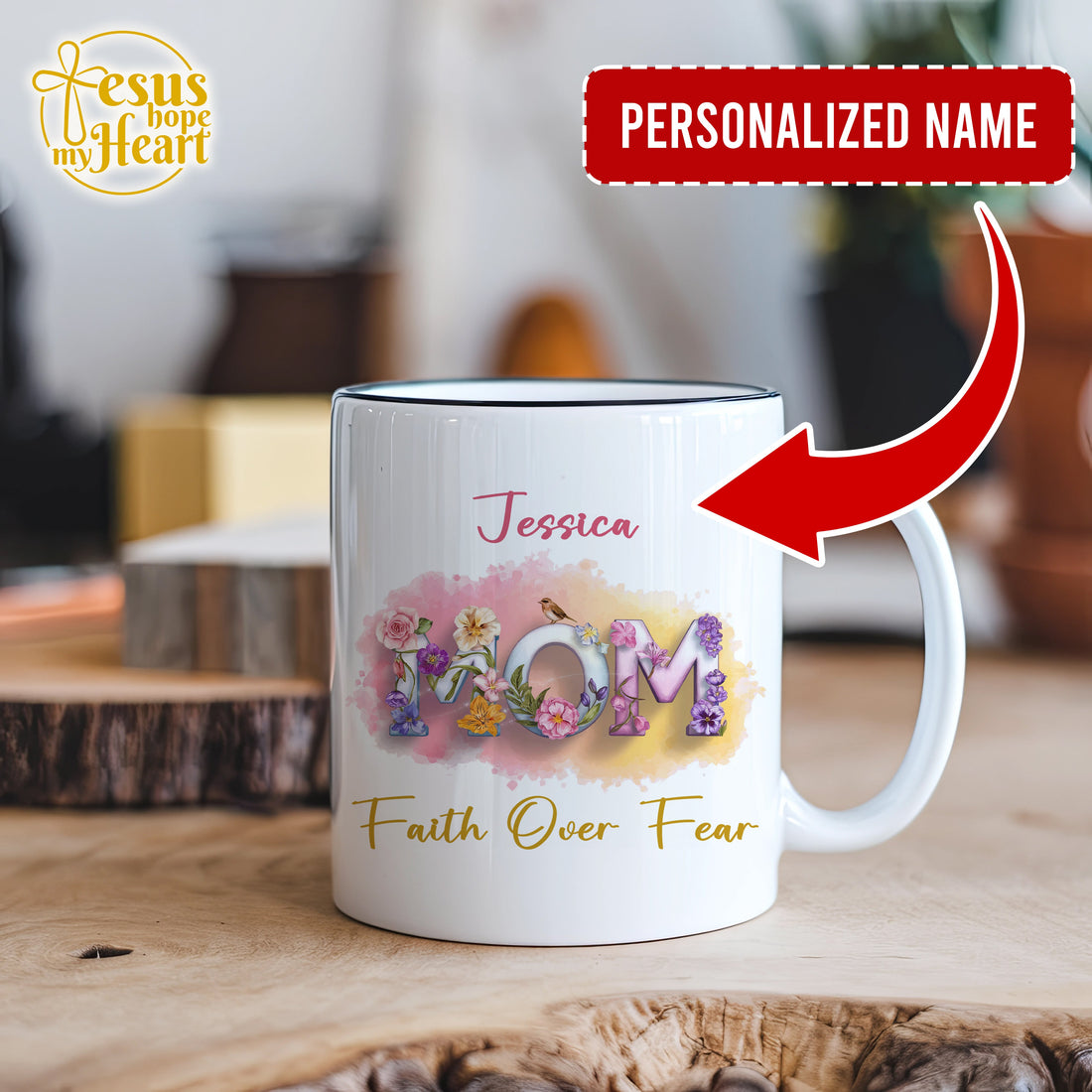 personalized mom mug – faith over fear floral cup – christian gift for mother’s day - coffee mug