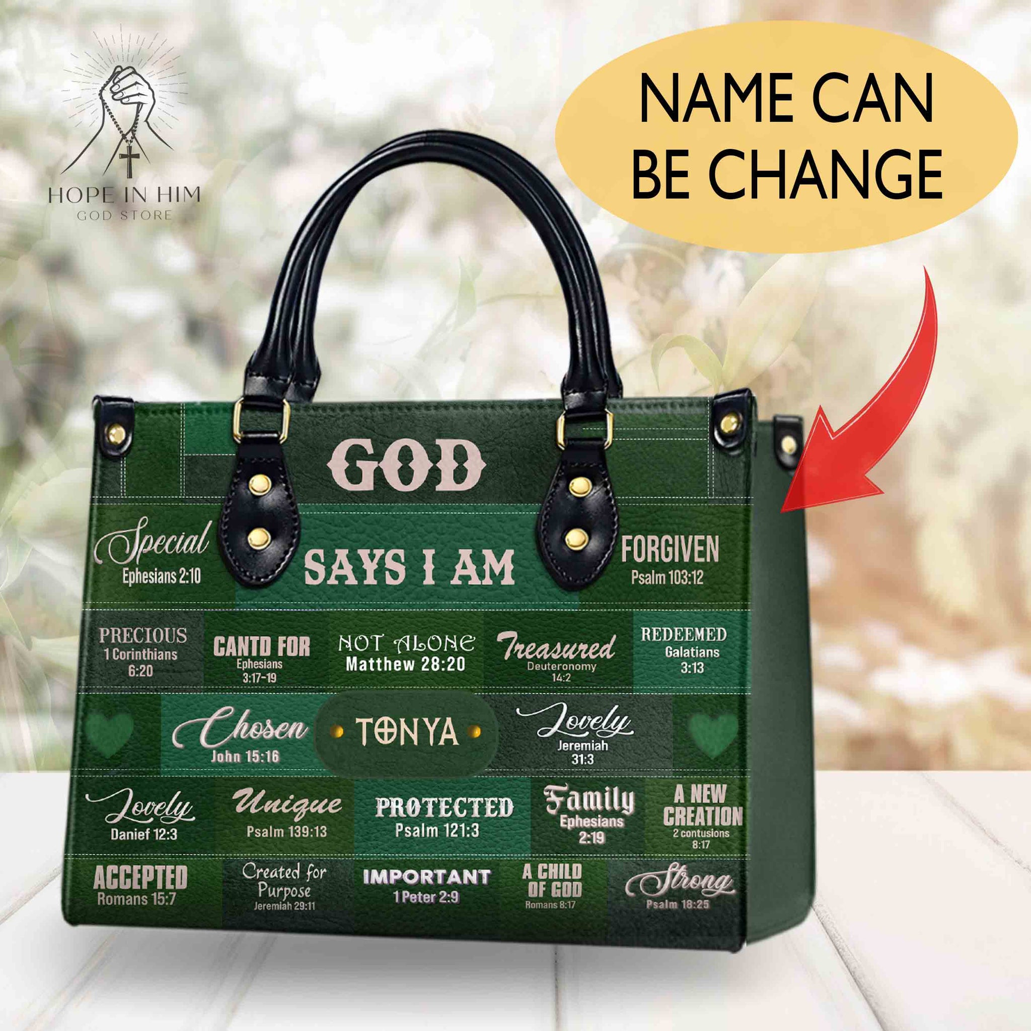 HB49-Christianartbag Handbags, God Says I Am Leather Handbag Green, Personalized Bags, Gifts for Women, Christmas Gift.