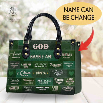 HB49-Christianartbag Handbags, God Says I Am Leather Handbag Green, Personalized Bags, Gifts for Women, Christmas Gift.
