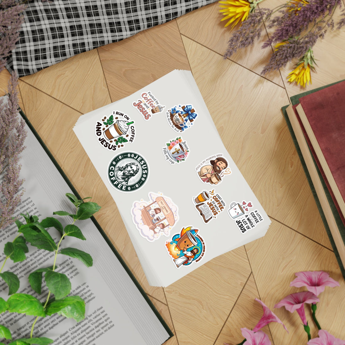 STK03 Coffee and Jesus Sticker Pack – Funny Christian Vinyl Decals for Mugs, Laptop, Water Bottle – Faith and Coffee Lover Gift Set