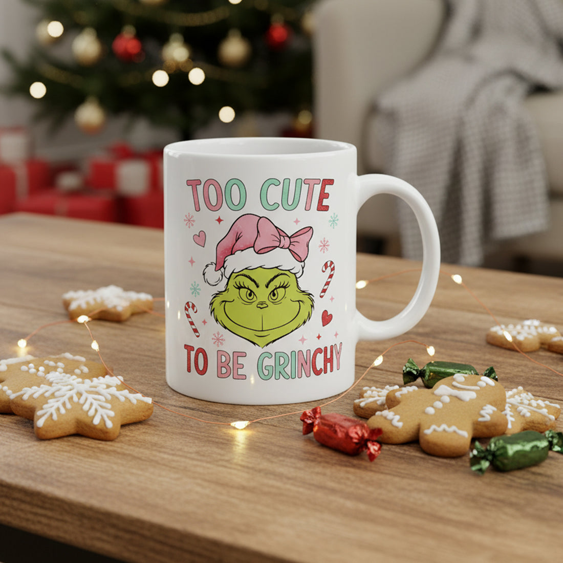 Too Cute To Be Grinchy Mug, Funny Christmas Coffee Cup, Cute Grinch Style Holiday Mug, Xmas Gift for Friends Family, Festive Cocoa Cup| Mug 14
