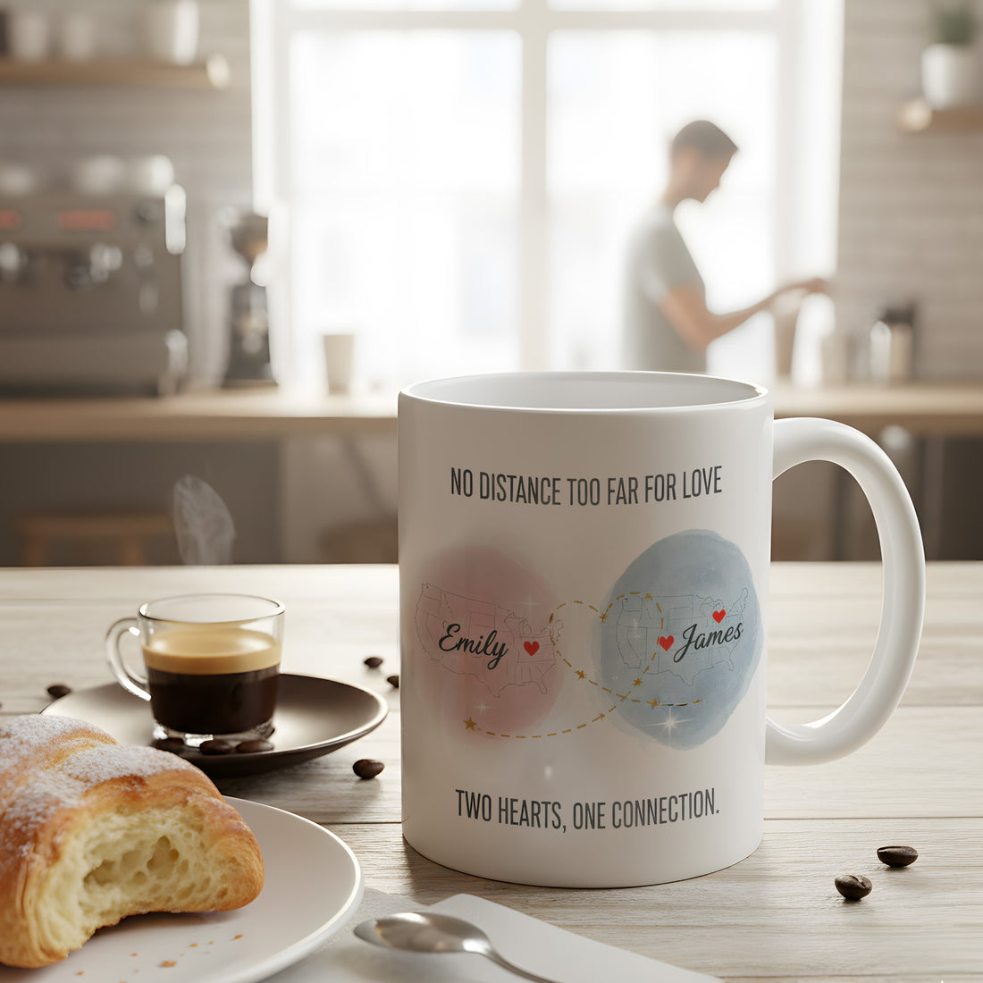 Personalized Mug, Custom Name Mug, Long Distance Love Mug, Couples Coffee Cup, Two Hearts One Connection Mug, Custom Couple Mug| Mug 85