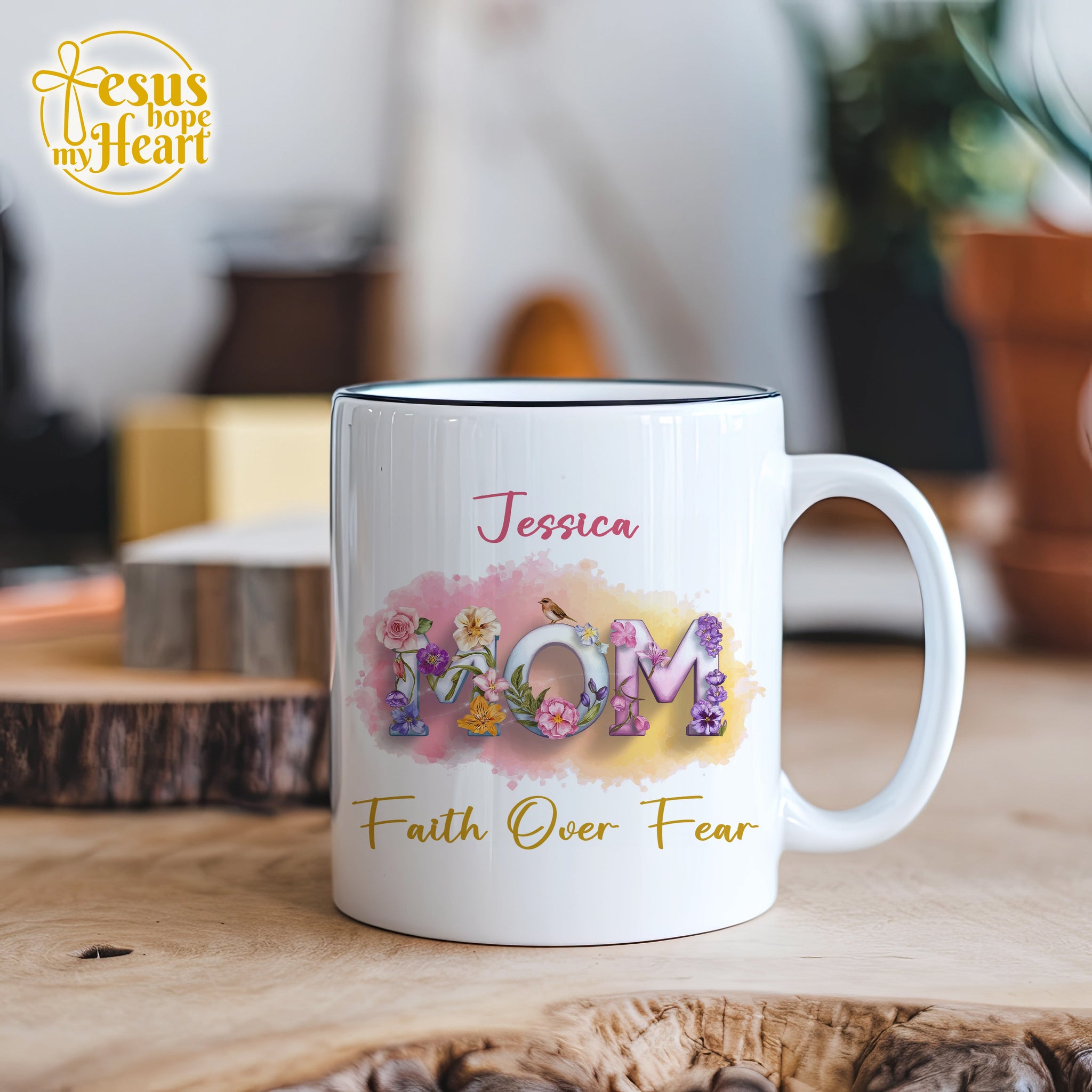 personalized mom mug – faith over fear floral cup – christian gift for mother’s day - coffee mug