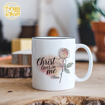 Personalized Christ Lives In Me Mug, Christian Rose Flower Cup, mother gift, pink mothers day present, wife for sister, birthday gift