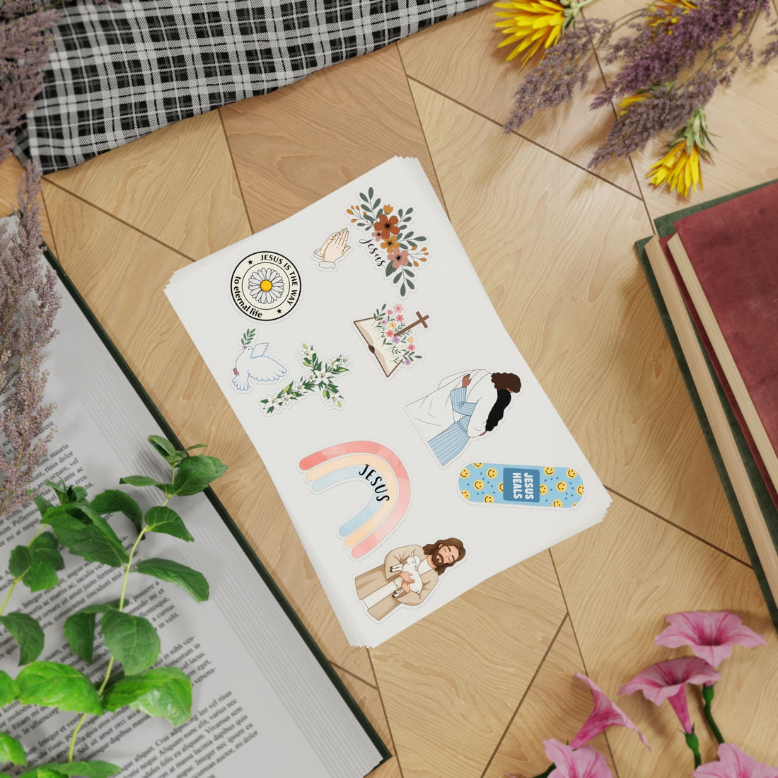 STK67 Christian Sticker Pack – Faith-Based Waterproof Vinyl Stickers for Laptop, Water Bottle, Bible Journal – Jesus Heals, Cross, Dove, Rainbow