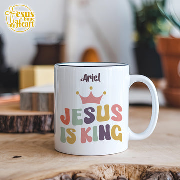 Jesus Is King Personalized Mug, Custom Name Christian Gift, Faith Coffee Cup for Her Him, Religious Mug, 11oz 15oz Ceramic Mug