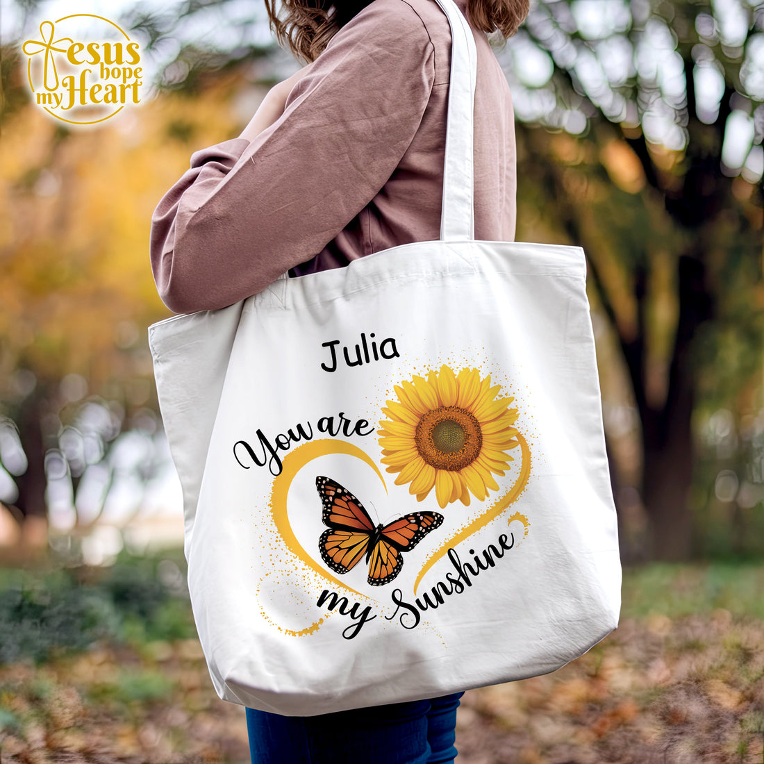 Personalized You Are My Sunshine Tote Bag, Butterfly Sunflower Bag, Custom Name Gift for Mom, Inspirational Canvas Bag, mother's day gift