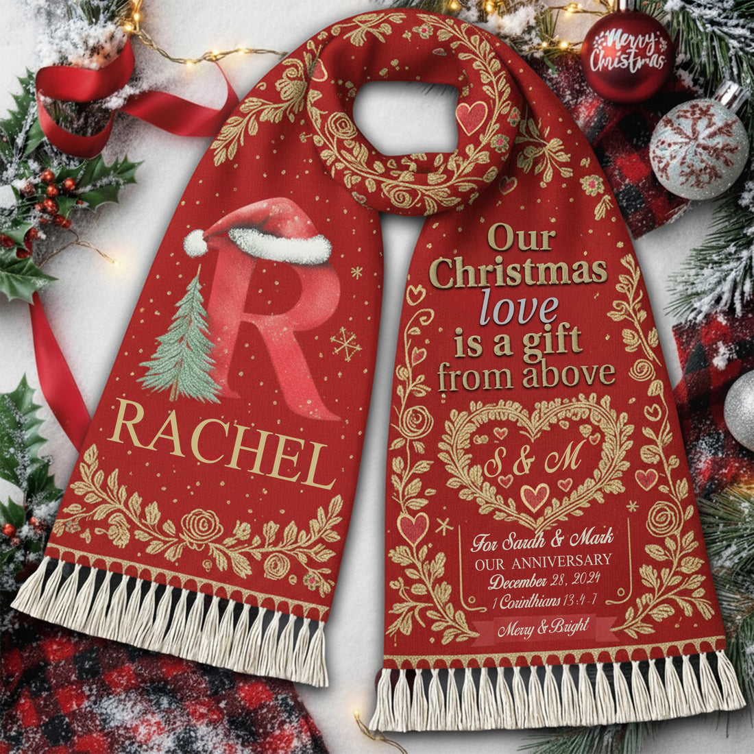 Personalized Christmas Scarf with Initial – Custom Name Scarf for Couple, Holiday Love Gift, Cozy Winter Highland Cow Style|SCR02