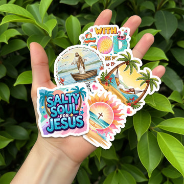 STK77  Christian Beach Sticker Pack – Soak Up the Son, Ride with Faith, Rooted in Grace Vinyl Decals for Laptop, Water Bottle, Journal