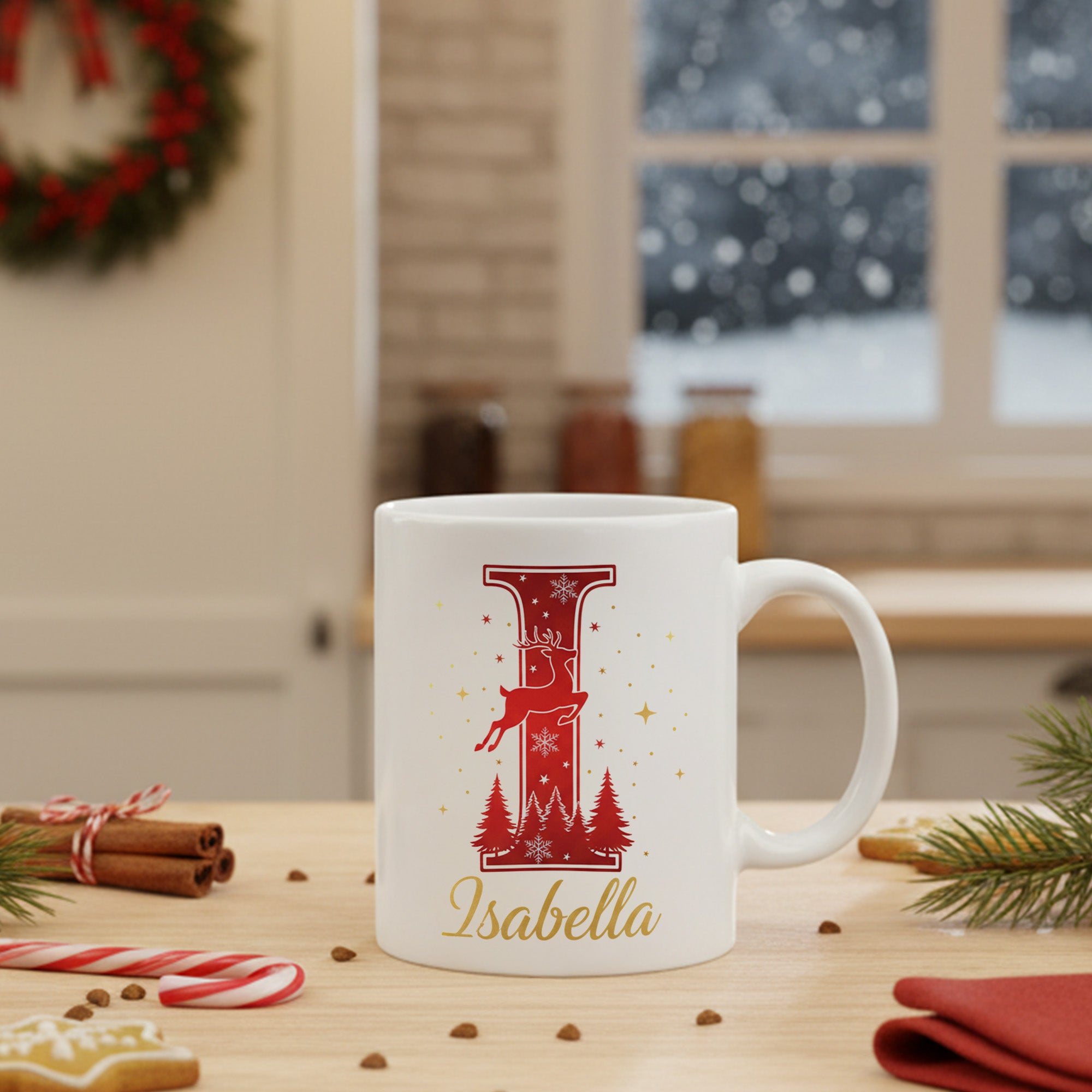Personalized Christmas Initial Mug with Name, Custom Letter Reindeer Cup, Holiday Coffee Mug, Unique Christmas Gift for Women Men Kids| Mug20