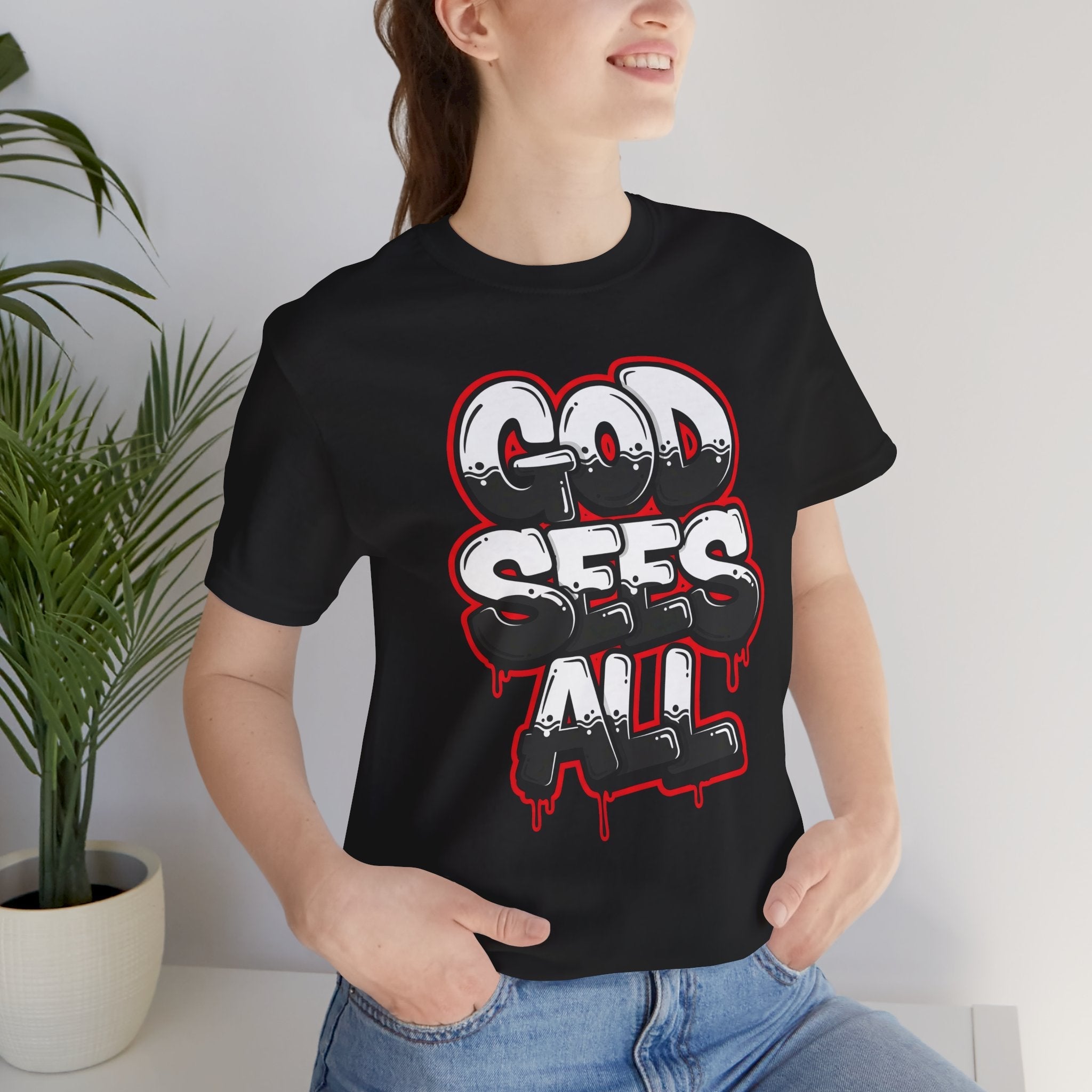 God Sees All Shirt, Christian Graffiti T-Shirt, Faith Streetwear Tee, Bold Urban Scripture Shirt, Religious Graphic Unisex Tee