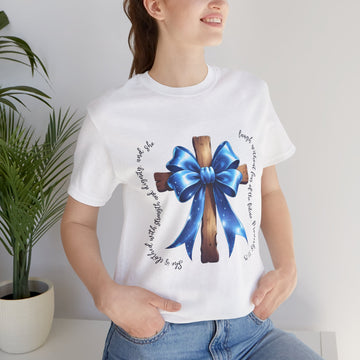 Proverbs 31:25 Christian Shirt with Blue Bow Cross, She is Clothed in Strength and Dignity Bible Verse Tee, Faith Unisex T-Shirt