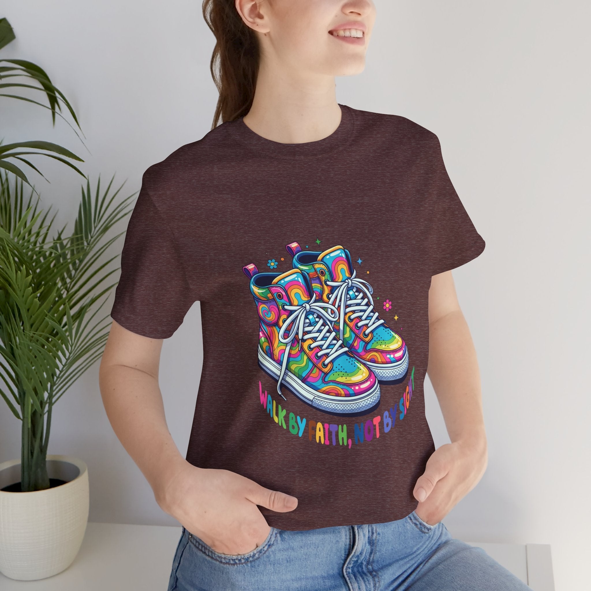 Walk by Faith Not by Sight Shirt, Colorful Sneaker Christian Tee, Bible Verse T-Shirt, Religious Gift, 2 Corinthians 5:7 Shirt