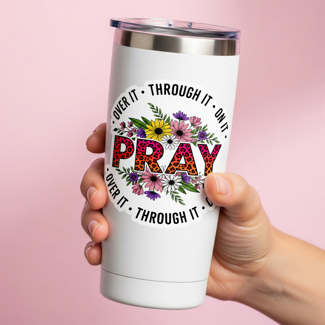 STK131 Christian Pray Sticker – Leopard Print Floral Vinyl Decal, Faith Quote Waterproof for Laptop and Hydro Flask
