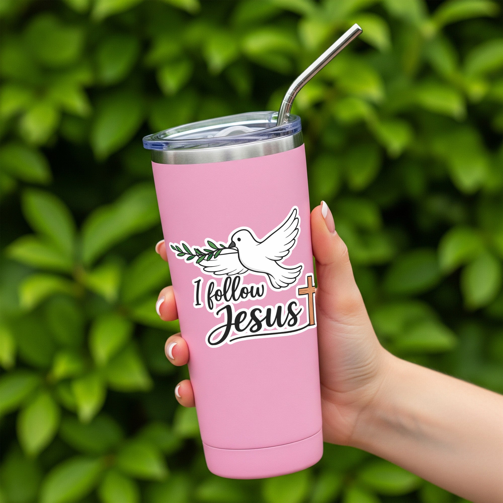 STK81 I Follow Jesus Christian Sticker – Waterproof Vinyl Faith Decal for Laptop, Water Bottle, Notebook – Dove and Cross Bible Verse Gift