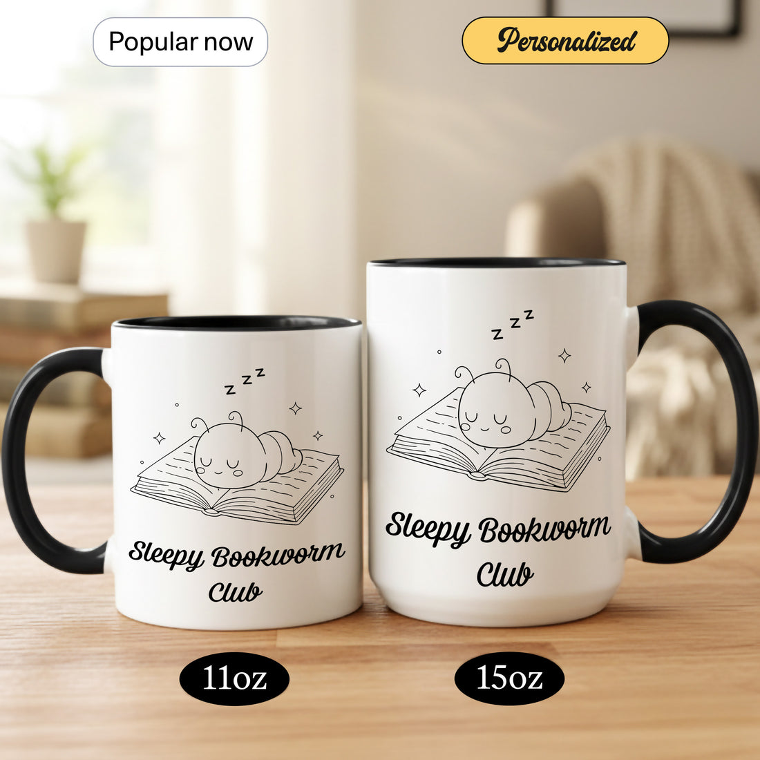 Personalized Sleepy Bookworm Mug | Cute Introvert Coffee Cup Gift | Custom Black Handle Reading Lover Club Decor| Mug 138