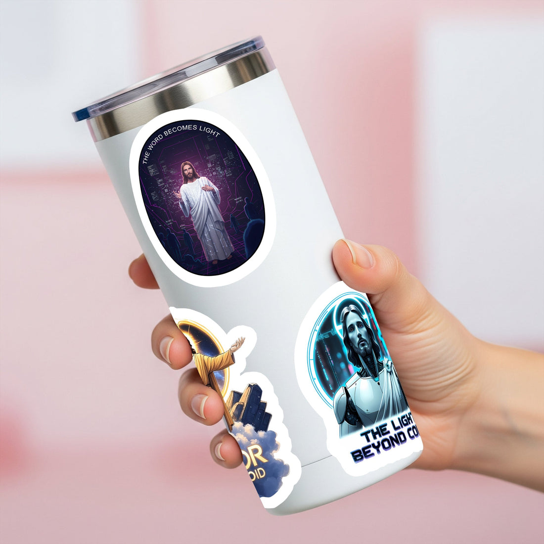 STK84 Christian Cyberpunk Jesus Stickers Pack – Futuristic Bible Verse Vinyl Decals – Waterproof Faith-Based Laptop and Water Bottle Stickers