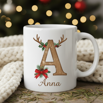 Personalized Christmas Initial Mug with Custom Name, Rustic Monogram Holiday Coffee Cup, Festive Reindeer Letter Mug Gift for Cozy Winter Moments| Mug 30