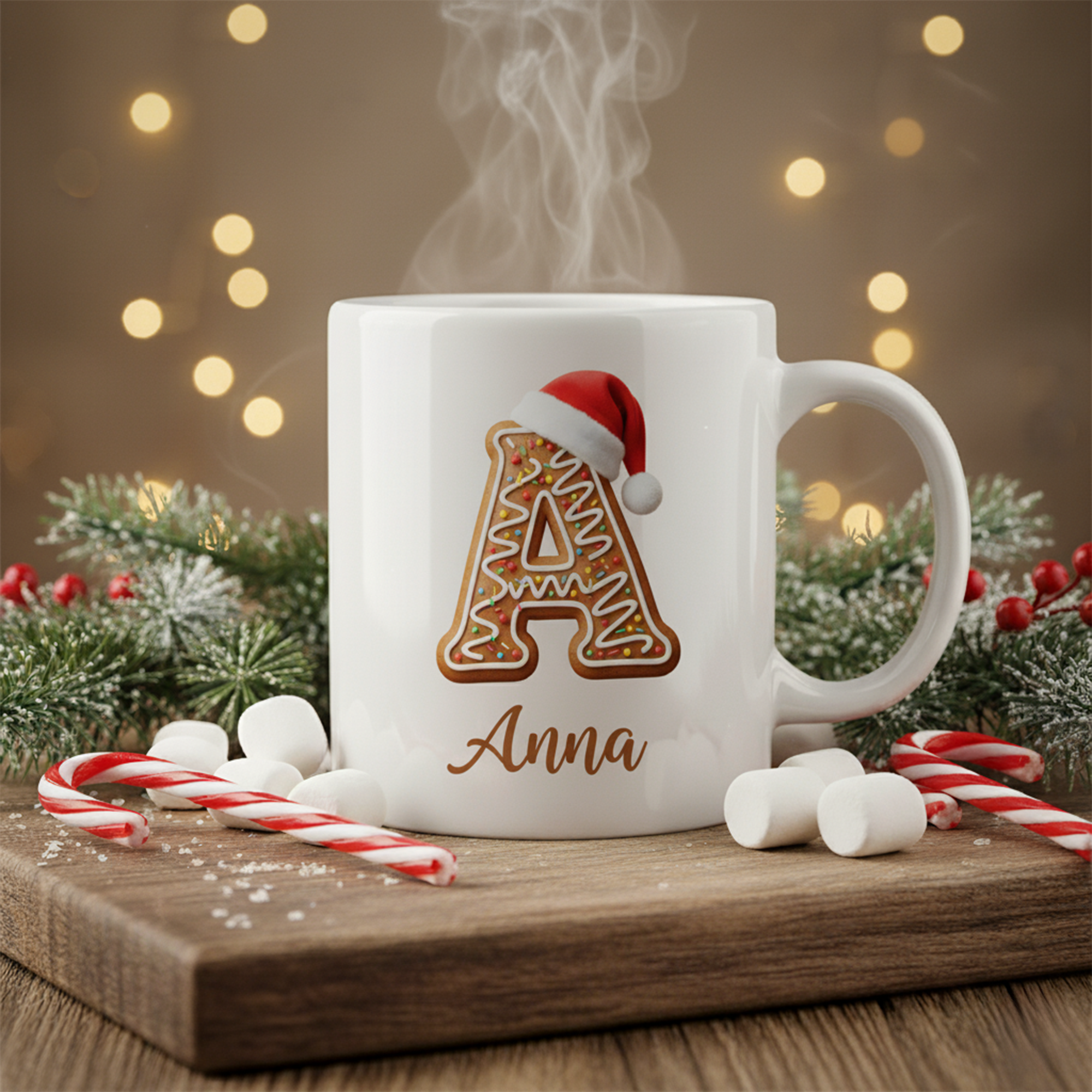 Personalized Christmas Mug, Custom Name Holiday Mug Gift, Cute Gingerbread Letter Cup, Kids Cocoa Mug, Festive Monogram Initial Mug| Mug 28