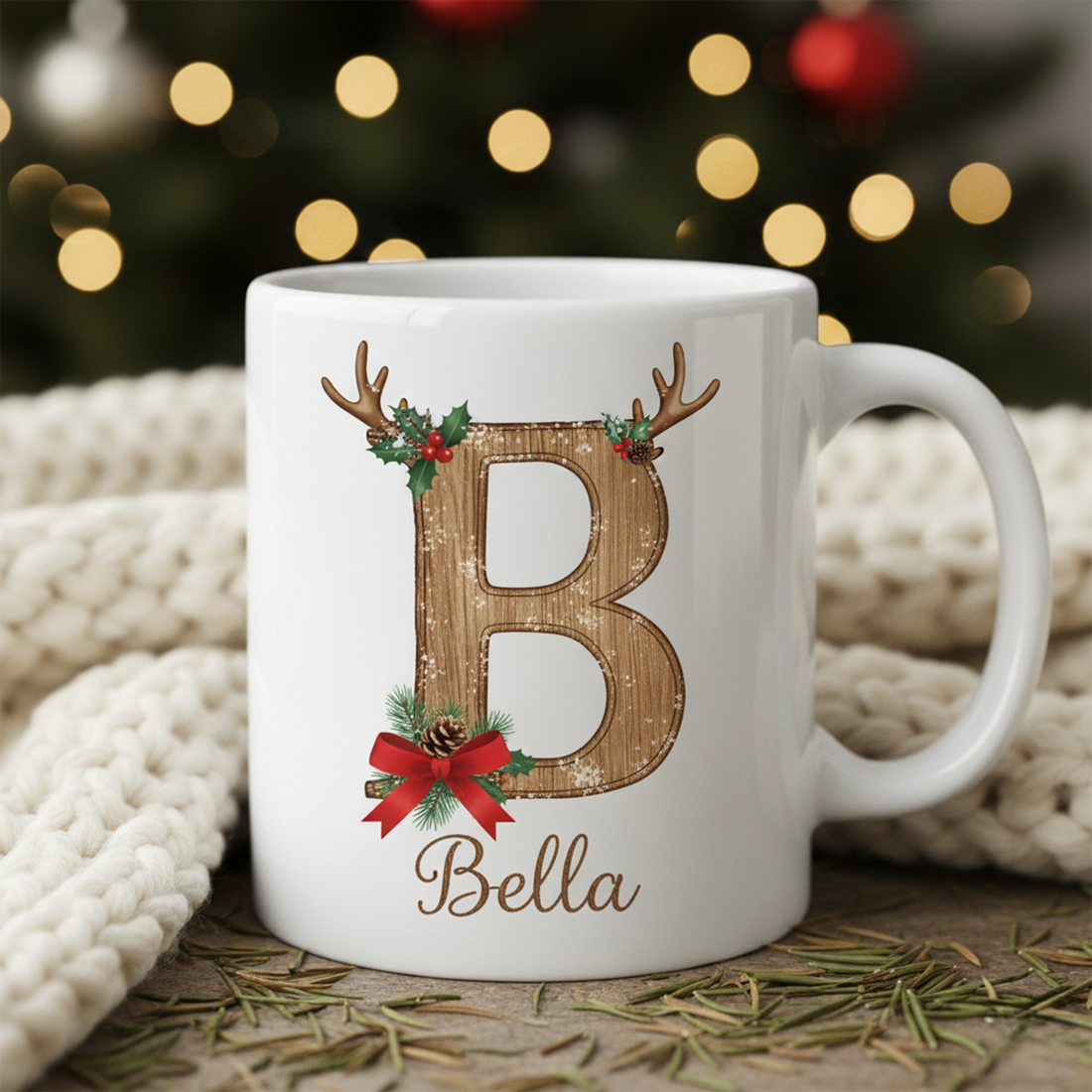 Personalized Christmas Initial Mug with Custom Name, Rustic Monogram Holiday Coffee Cup, Festive Reindeer Letter Mug Gift for Cozy Winter Moments| Mug 30