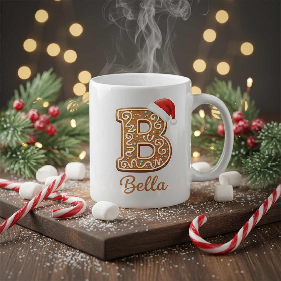 Personalized Christmas Mug, Custom Name Holiday Mug Gift, Cute Gingerbread Letter Cup, Kids Cocoa Mug, Festive Monogram Initial Mug| Mug 28