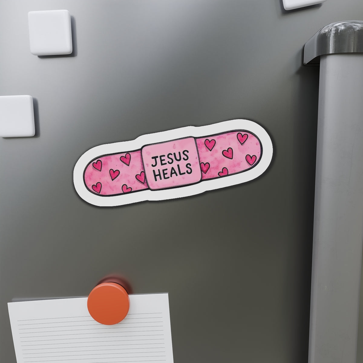 STK01 Jesus Heals Sticker – Cute Christian Bandage Decal – Faith-Based Pink Heart Vinyl Sticker – Inspirational Waterproof Sticker for Laptop, Journal, or Gift