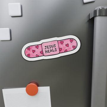 STK01 Jesus Heals Sticker – Cute Christian Bandage Decal – Faith-Based Pink Heart Vinyl Sticker – Inspirational Waterproof Sticker for Laptop, Journal, or Gift