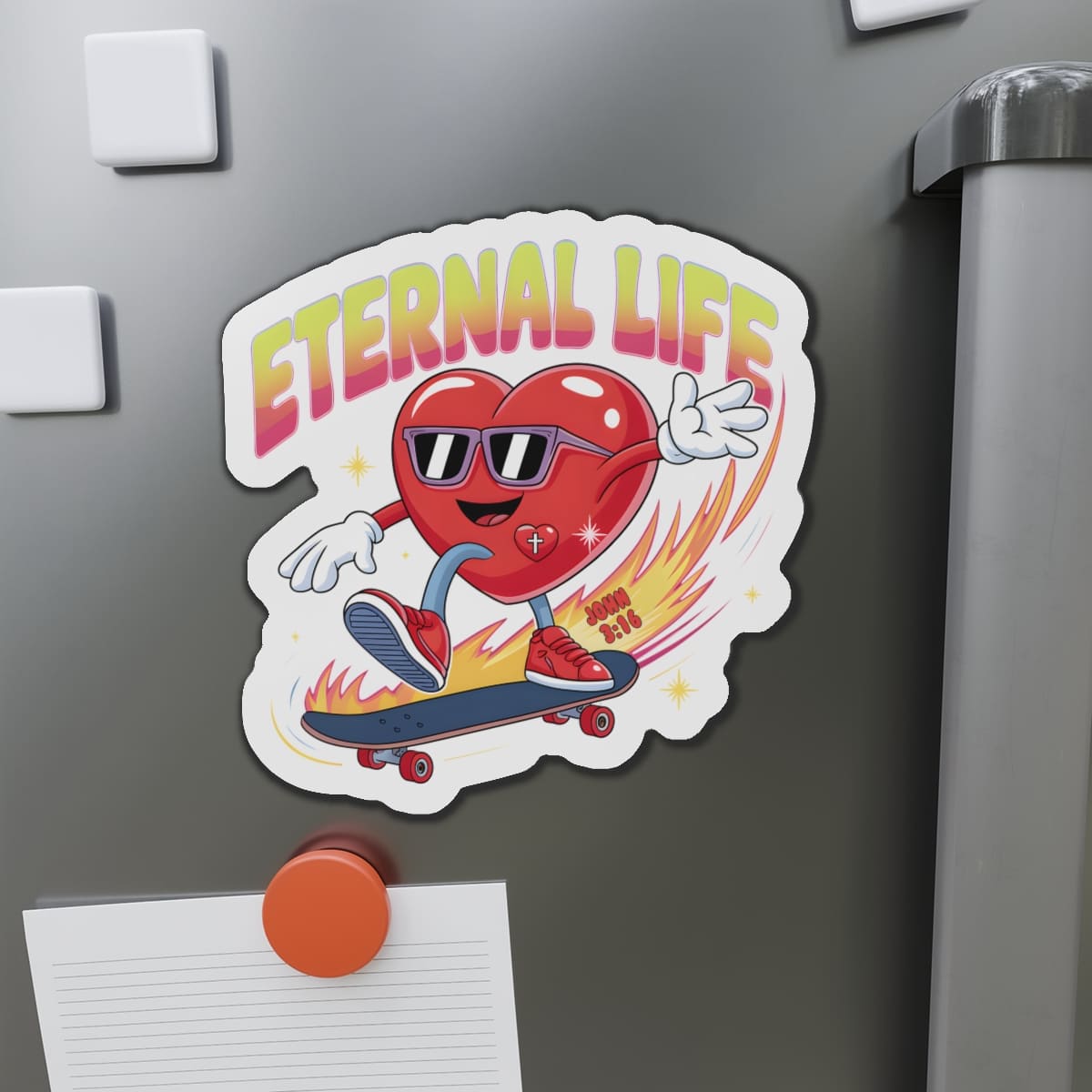 STK50 Eternal Life Christian Sticker – Heart Skateboard Design with John 3:16 Bible Verse – Fun Faith-Based Vinyl Decal for Laptop, Bottle, Gift