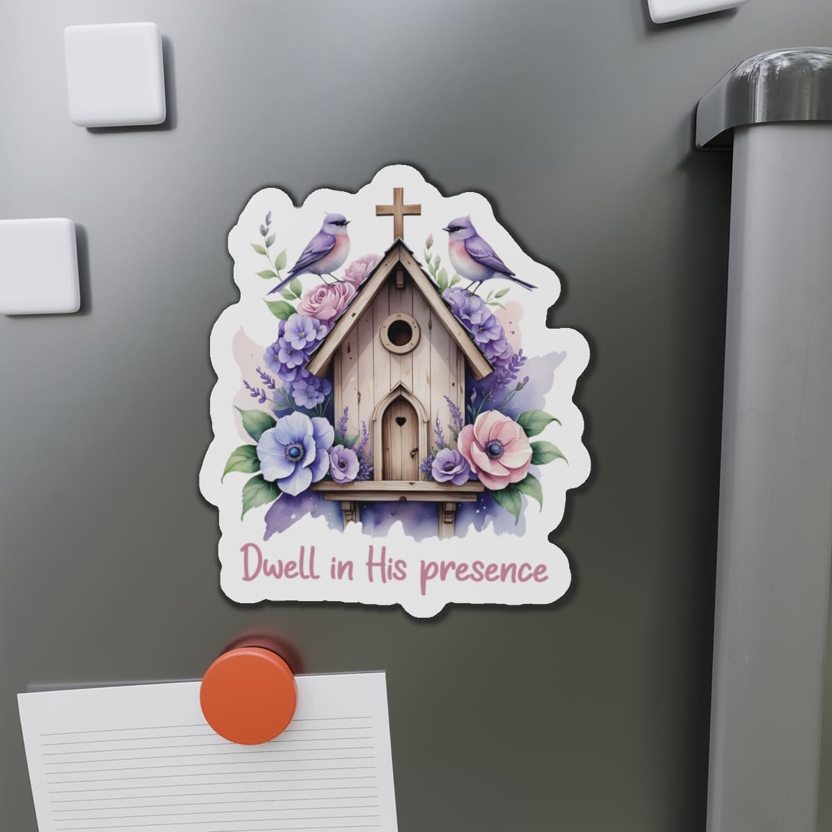 STK27 Dwell in His Presence Christian Sticker – Birdhouse Cross Floral Vinyl Decal – Faith Waterproof Sticker for Laptop, Water Bottle, Journal