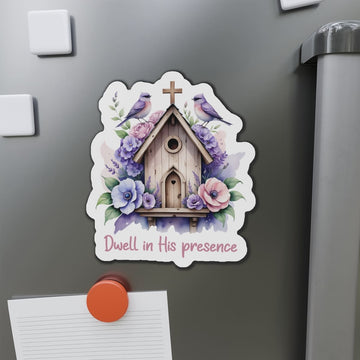 STK27 Dwell in His Presence Christian Sticker – Birdhouse Cross Floral Vinyl Decal – Faith Waterproof Sticker for Laptop, Water Bottle, Journal