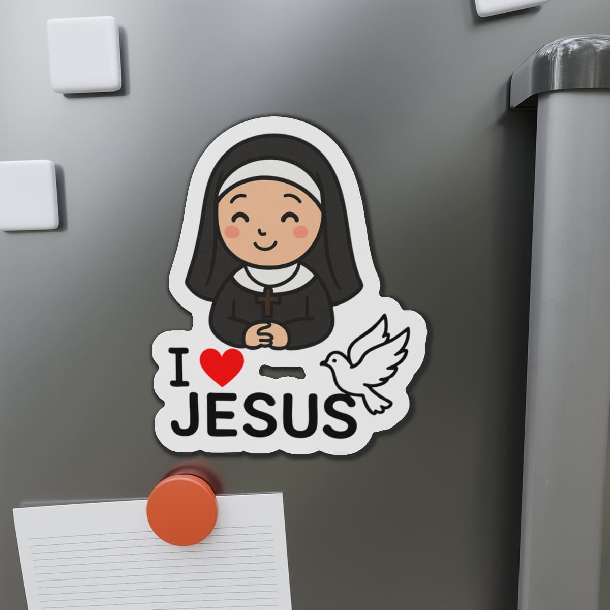 STK48 I Love Jesus Fridge Magnet – Cute Nun with Dove Design – Christian Catholic Refrigerator Decor Gift for Believers