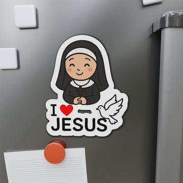 STK48 I Love Jesus Fridge Magnet – Cute Nun with Dove Design – Christian Catholic Refrigerator Decor Gift for Believers