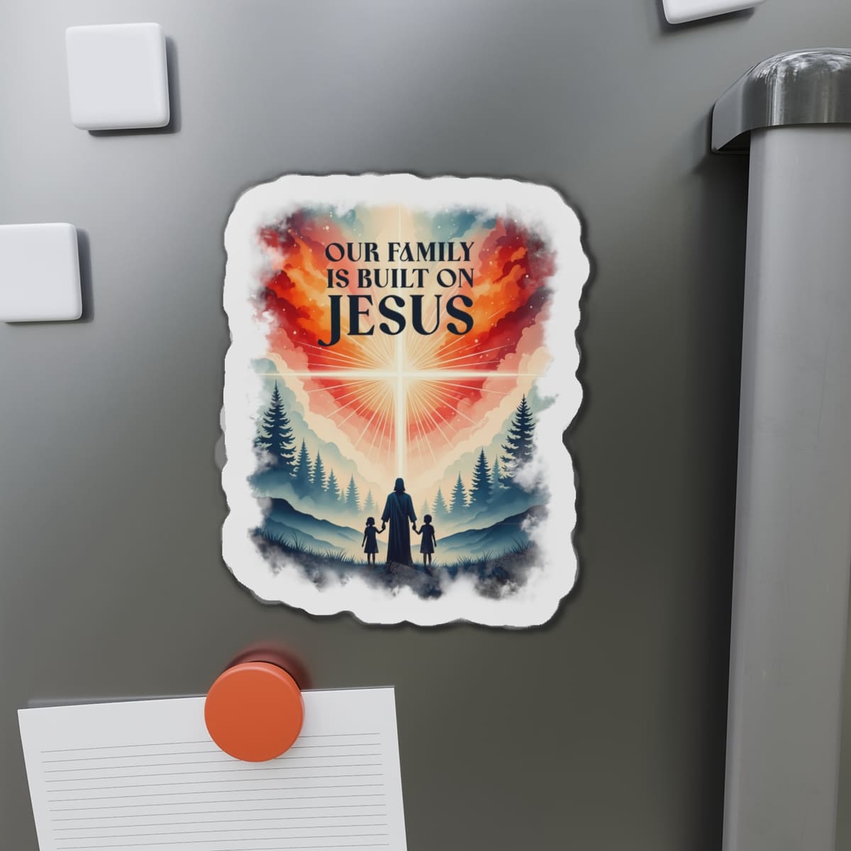 STK35 Our Family Is Built on Jesus Christian Sticker – Faith Quote Waterproof Vinyl Decal for Laptop, Water Bottle, Notebook – Inspirational Religious Gift