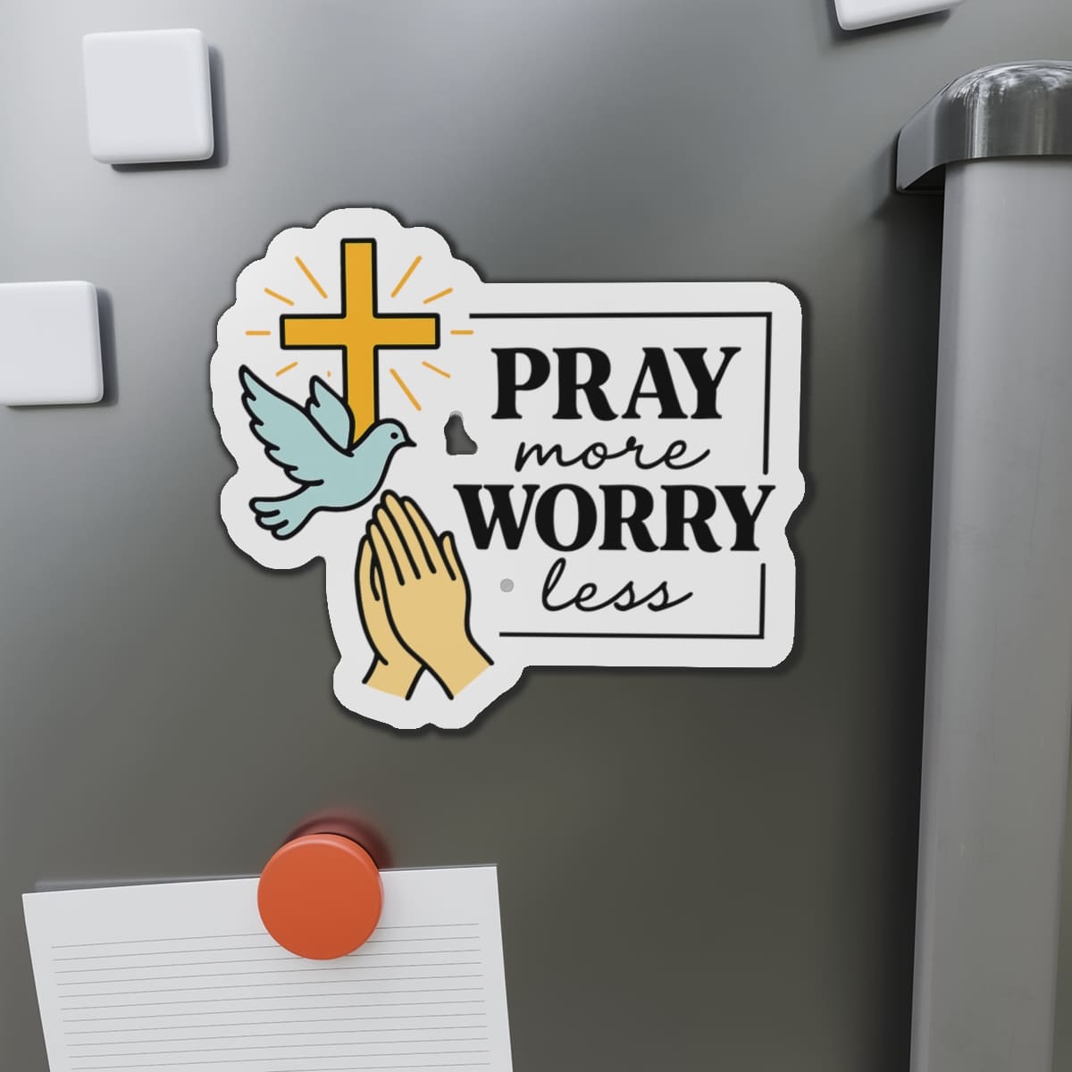 STK49 Pray More Worry Less Christian Fridge Magnet – Faith-Based Refrigerator Decor with Cross, Dove and Prayer Hands – Inspirational Catholic Gift USA