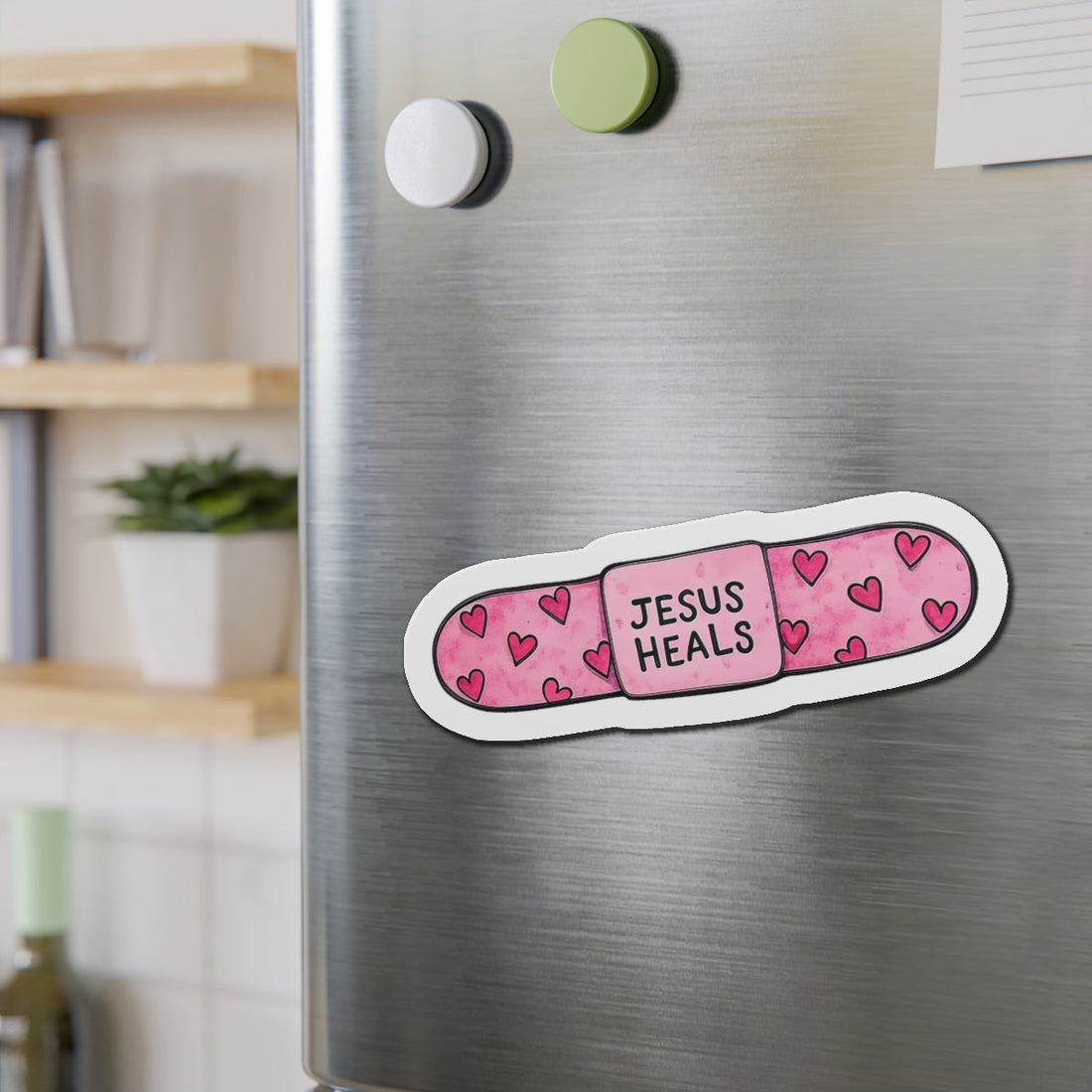STK01 Jesus Heals Sticker – Cute Christian Bandage Decal – Faith-Based Pink Heart Vinyl Sticker – Inspirational Waterproof Sticker for Laptop, Journal, or Gift