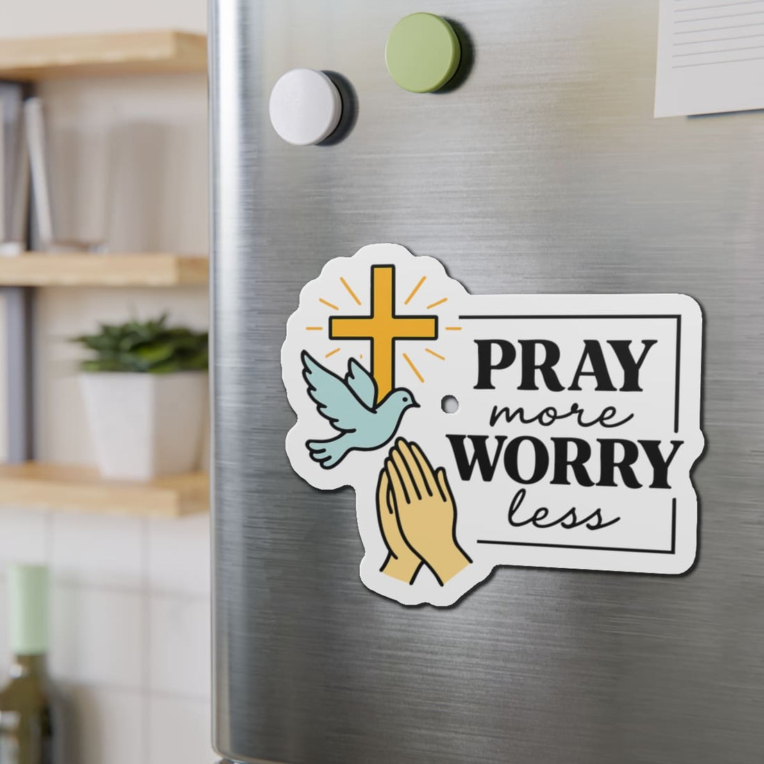 STK49 Pray More Worry Less Christian Fridge Magnet – Faith-Based Refrigerator Decor with Cross, Dove and Prayer Hands – Inspirational Catholic Gift USA