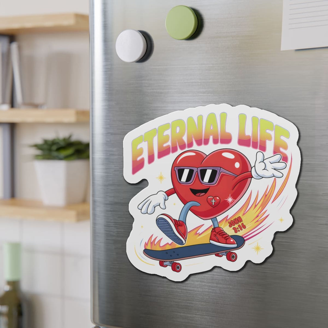 STK50 Eternal Life Christian Sticker – Heart Skateboard Design with John 3:16 Bible Verse – Fun Faith-Based Vinyl Decal for Laptop, Bottle, Gift