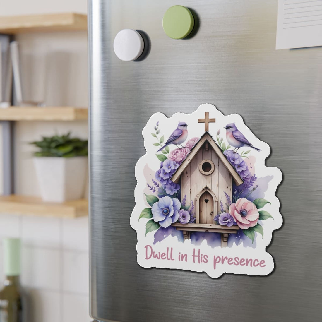 STK27 Dwell in His Presence Christian Sticker – Birdhouse Cross Floral Vinyl Decal – Faith Waterproof Sticker for Laptop, Water Bottle, Journal